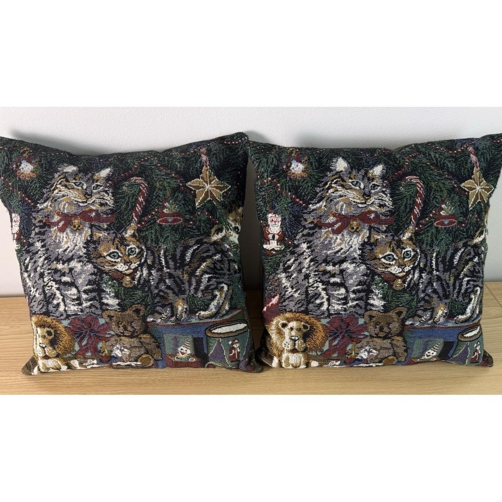 Christmas Cat Tapestry Throw Pillows Pair Woven Holiday Kitty CatDecor
